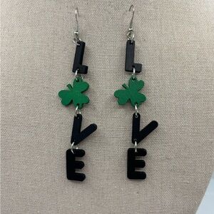 🔵 NEW Wood Black and Green LOVE Dangle Earrings with Shamrock